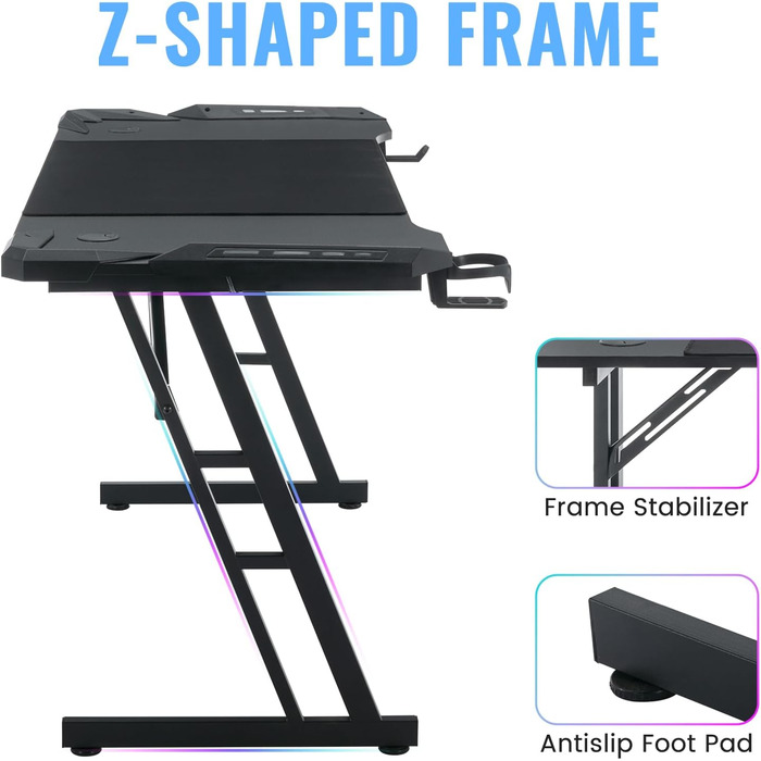 Ігровий стіл Kidsgigglz з LED-підсвічуванням 120x60 см - ергономічний комп'ютерний стіл з тримачем для напоїв та гачком для навушників. Підходить для дому, офісу та як кутовий стіл.