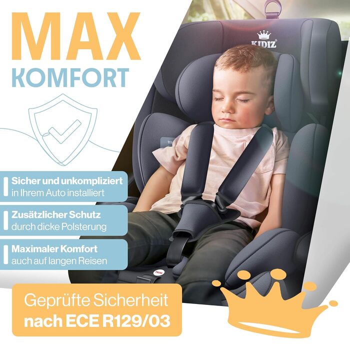 Автокрісло KIDIZ® 1+2+3 для дітей 9-36 кг з 5-точковим ременем безпеки, регульованою підголовником та Isofix (антрацит)