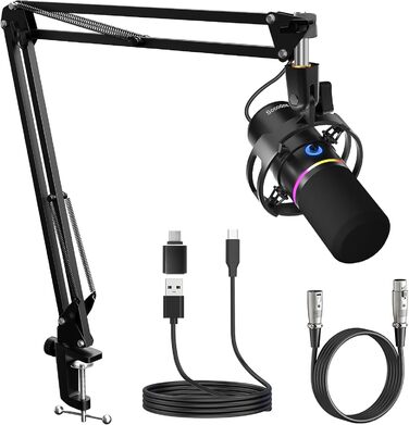 Сокодокс XLR/USB мікрофон з підставкою, мікрофон для стрімінгу з шумозаглушенням, регулятором гучності, мікрофон для подкастів, студії, геймінгу та запису