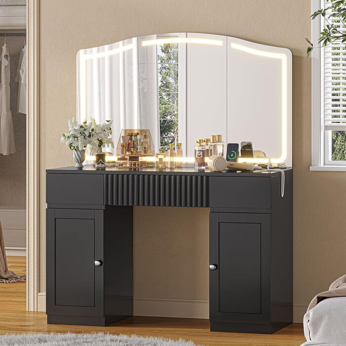 Великий туалетний столик AOGLLATI з великим дзеркалом та регульованою LED-підсвіткою. Косметичний столик з розетками, 3 висувними ящиками та 2 шафками. Сучасний туалетний столик для спальні (білий/чорний)