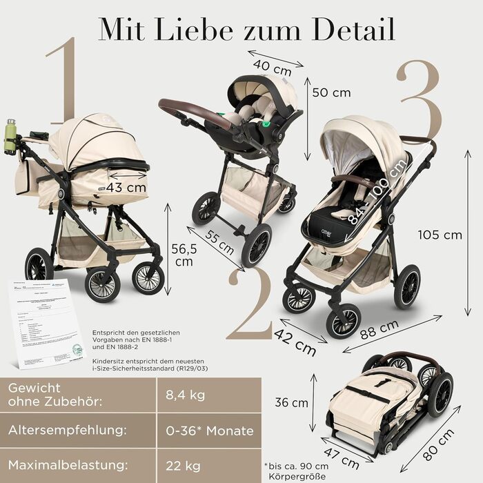 Дитяча коляска 3 в 1 з автокріслом та люлькою | Коляска для новонароджених з 5-точковим ременем безпеки, світло-оливкового кольору, без Isofix