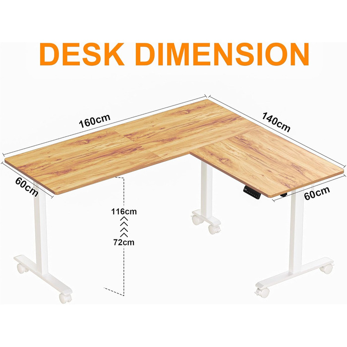 Електричний кутовий стіл BEXEVUE з регулюванням висоти 160x140 см, 3 функції пам'яті, антиколізійна технологія, для дому та офісу, бежевий