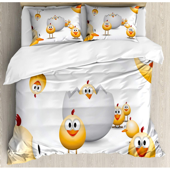 Великодній набір підковдр для односпальних ліжок, курча смішна карикатура, захист від кліщів Алергія підходить з наволочкою, (230 x 220 см - 70 x 50 см, помаранчево-жовтий, білий)