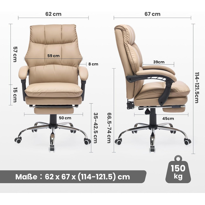 Крісло шеф-кухар SEEDWAVE з підставкою для ніг, офісне крісло, 150 кг, широке сидіння, спинка регулюється під кутом 155°