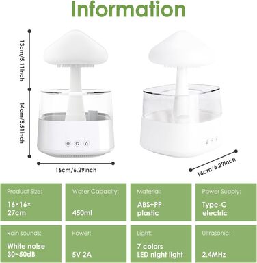 Зволожувач повітря Rain Clouds, зволожувач повітря 450 мл 3-в-1 кімнатний зволожувач повітря / дифузор ефірних масел / 7 кольорів нічного світла з краплею води з дистанційним керуванням лампою водоспаду
