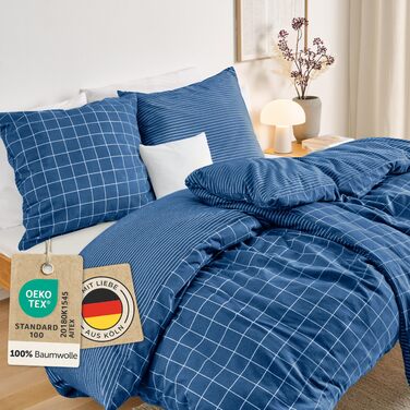 Комплект постільної білизни Blumtal Biber 200x200 см + 2x 80x80 см, бавовна, фланель, Oeko-Tex, ультра м'яка, для зими, з ефектним двостороннім дизайном, тауп (синій візерунок)