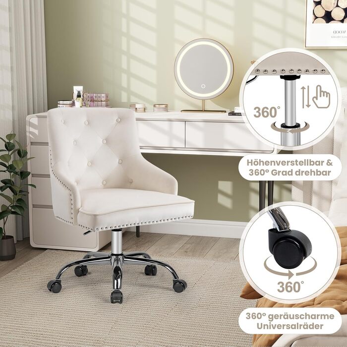 Крісло для офісу Fiximaster з велюру, поворотне, з регулюванням висоти, на роликах, золоті ніжки, для дому/офісу, до 135 кг, біле