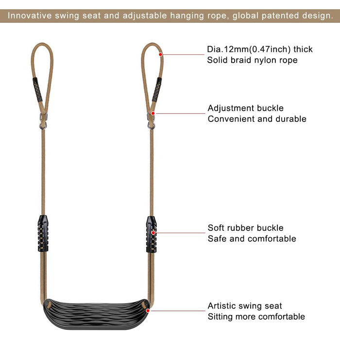 Гойдалка садові SELEWARE: набір з міцним сидінням, регульованим тросом 2м та 2 карабінами, чорна вулична гойдалка для саду