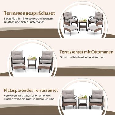 Садовий набір меблів COSTWAY з ротангу, 5 предметів: 2 крісла з подушками, пуф та стіл. Меблі для балкона, тераси, саду, коричнево-сірий колір