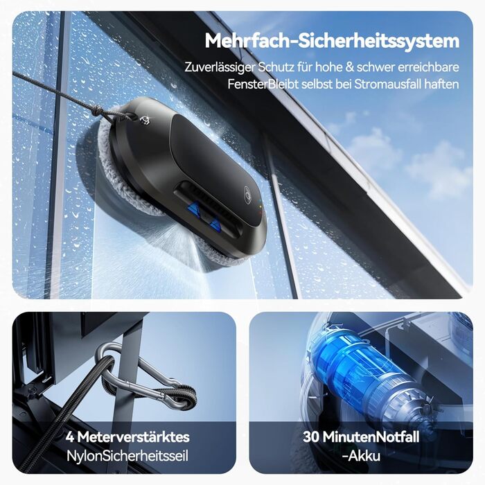 Робот для миття вікон 6000Pa з подвійною насадкою, електричний, з пультом дистанційного керування, 3 режими миття, інтелектуальна навігація, розпізнавання країв, система безпеки, для гладких поверхонь, W23d