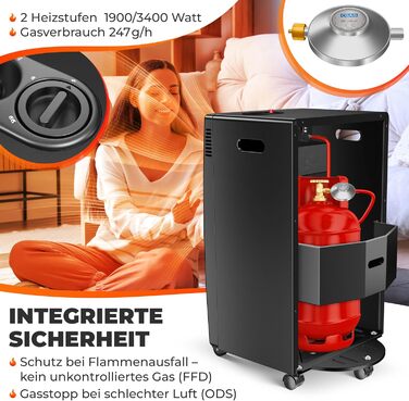 Газовий нагрівач KESSER®: газовий камін-нагрівач, 3.4 кВт, інфрачервоний, 2 режими, з регулятором та шлангом, чорний