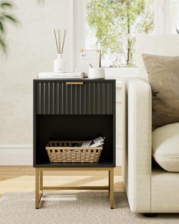 Приліжкова тумбочка з відкритим відділенням, столик для канапи в спальню та вітальню (горіх), (40 x 30 x 60 см, чорне фетрове покриття)