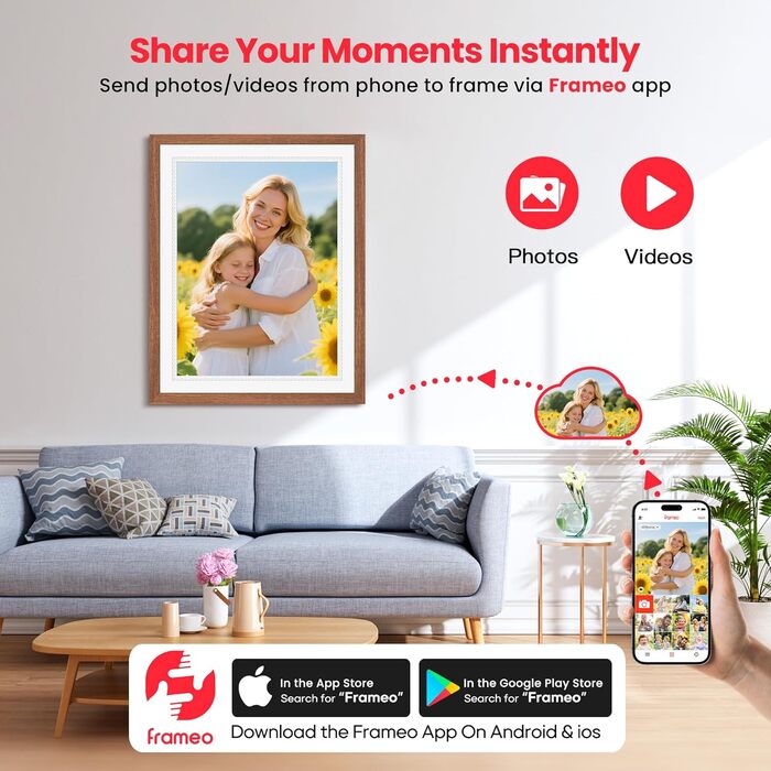 Frameo Цифровий фоторамка 10,1 дюйма, HD 1280*800 IPS сенсорний екран, 32GB пам'ять, автоповорот, Frameo App для обміну фото та відео, 15 дерев'яних текстур (білий)
