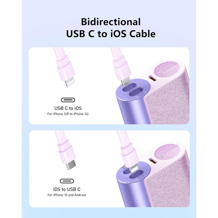 Вт PD, 10000 мАг, вбудований кабель Apple USB-C, LED, сумісний з iPhone/Samsung (фіолетовий), 20