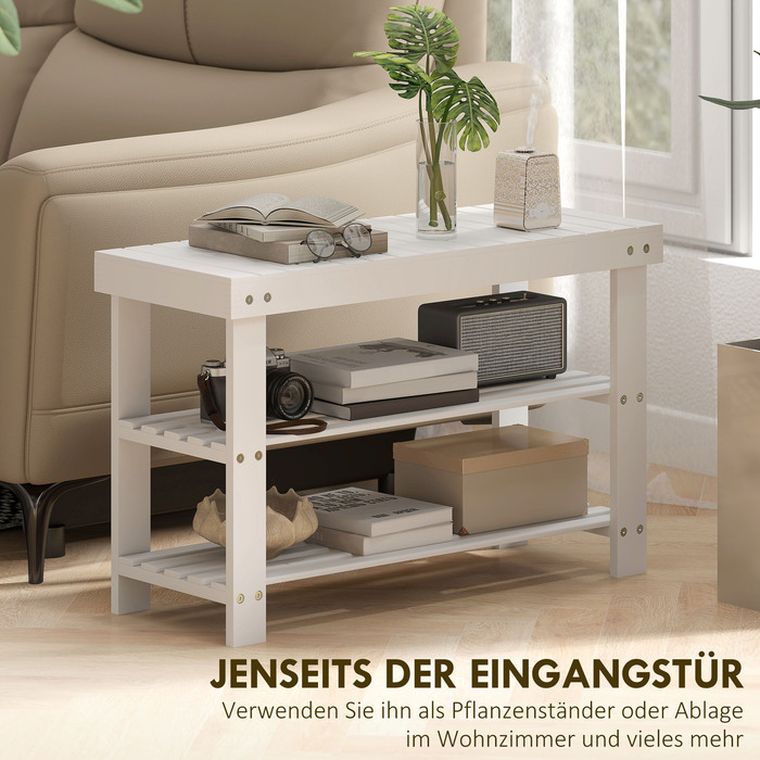 Банкетка для взуття з бамбука з 2 полицями, сидіння з місцем для зберігання, для передпокою, 70x28x45 см, біла