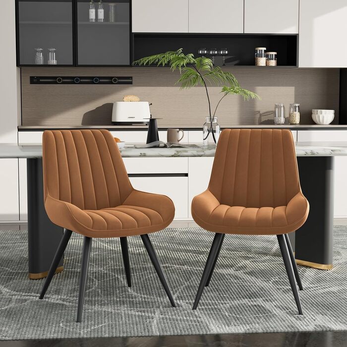 Обідні стільці для кухні з м'яким сидінням 10 см • Набір 2 шт. • Колір: коричневий • Металеві ніжки • Сучасний дизайн • FU01043BL-2
