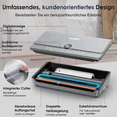 Вакууматор для продуктів 10-в-1 з магнітною кришкою, 80кПа, подвійним швом та подвійним насосом, з відсіком для рулонів та шлангом