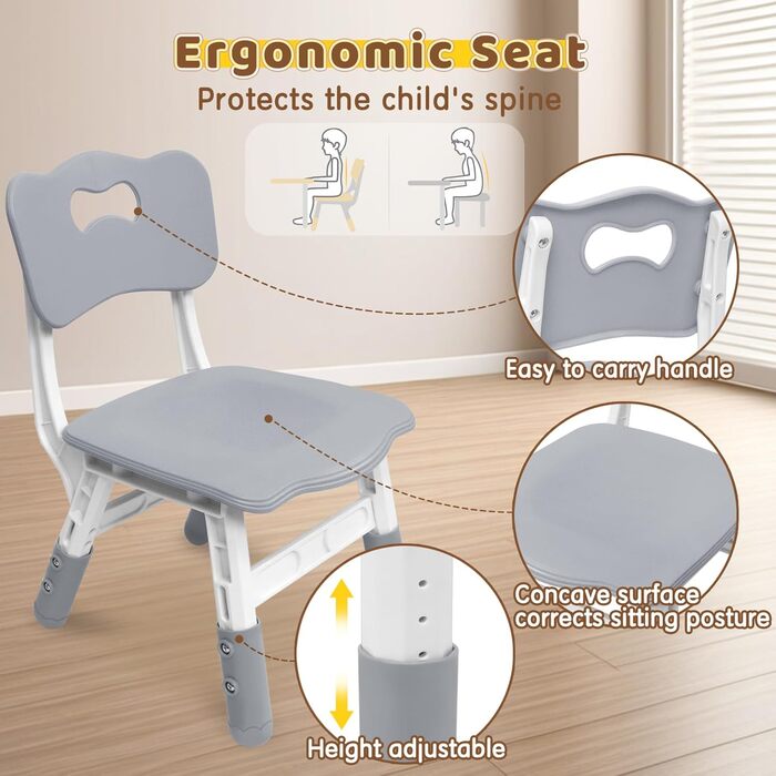 Дитячий стіл зі стільцями (80x60 см), регульована висота, сірий. Ідеально для дитячого садка, ігор, малювання. Легко миється. Комплект для дітей від 2 років.