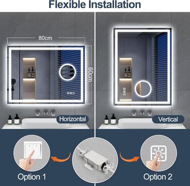 Дзеркало для ванної кімнати S'bagno Bluetooth з підсвічуванням 100x70 см, LED, протитуманне, диммер, Bluetooth, HD скло, IP44, горизонтальне/вертикальне