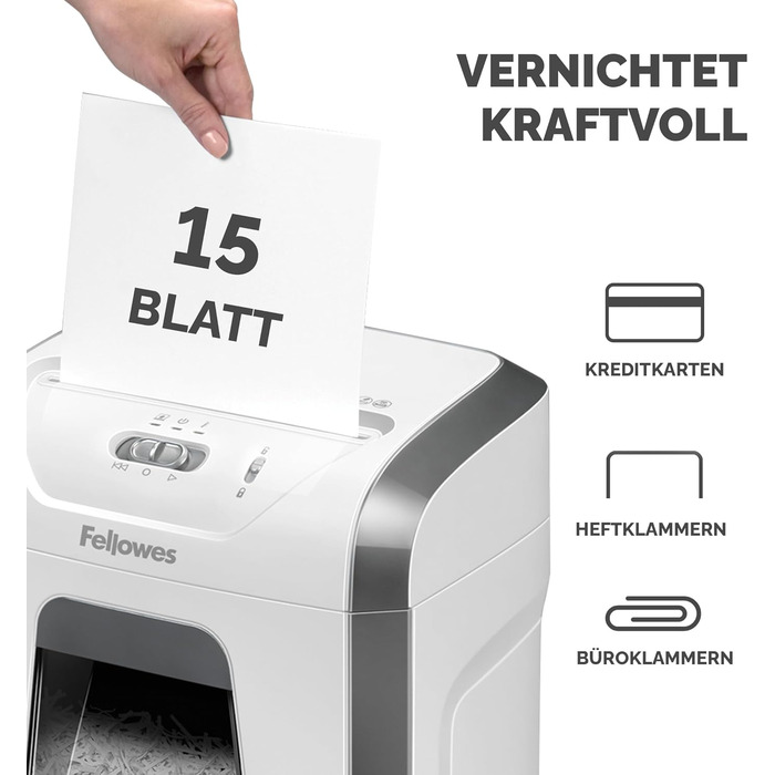 Fellowes Powershred 15C: Офісний шредер для дому, 15 аркушів, 19л контейнер, P4, білий