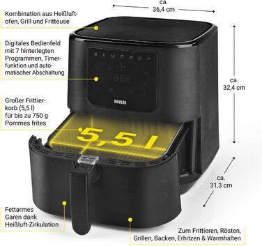 Аерофритюрниця N8WERK в опівнічному виданні Комбінація конвекційної печі, гриля та фритюрниці Приготування їжі з низьким вмістом жиру Цифровий дисплей 7 Програми Кошик 5,5 л 1800 Вт 5,5 л Темно-чорний