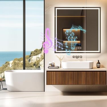 Дзеркало для ванної кімнати LUVODI LED з підсвічуванням, 40x50 см, водонепроникне, сенсорне управління, 3 колірні температури, регулювання яскравості, антизапарник, Bluetooth, заднє та переднє освітлення