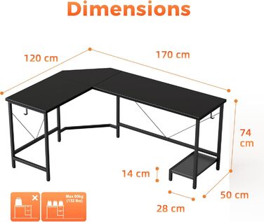 Кутовий стіл Mericonia 170 см для геймінгу та офісу, чорний (170 x 50 см)