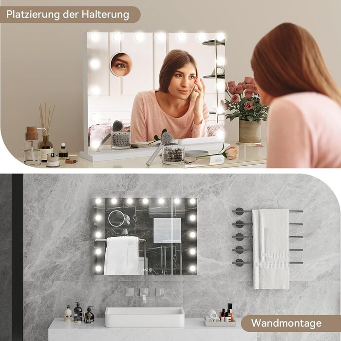 Дзеркало для макіяжу YU YUSING з підсвічуванням 58x45 см, 15 LED, 3 кольори, 10x збільшення, USB Type-C, для ванної кімнати та туалетного столика