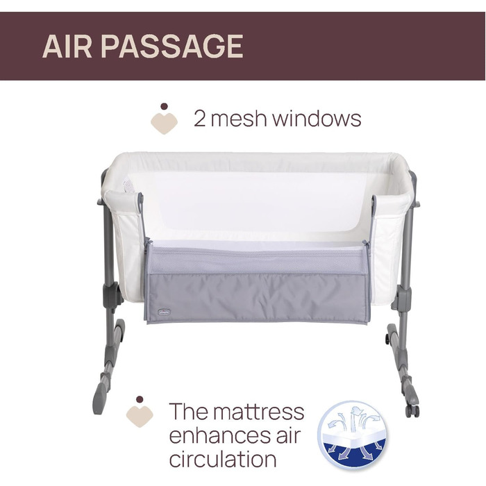 Ліжко-гойдалка Chicco Next2Me Essential для новонароджених, біле. Регульована висота, дихаюча тканина, матрац та сумка в комплекті, 0-6 місяців.