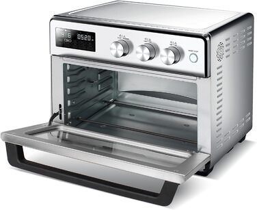 TurboTronic Цифровий конвекційний духовий шафа XXL 32 літри з поворотним шампуром для курки 5-в-1, міні-духовка, сушарка та фритюрниця Airfryer від 25°C, сріблястий