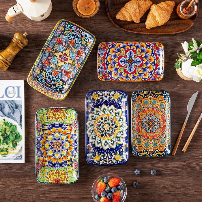 Набір тарілок Vancasso SIMI прямокутні, 6 шт. Порцелянові тарілки для подачі, десертні, на 6 осіб, 24.7x14.2 см