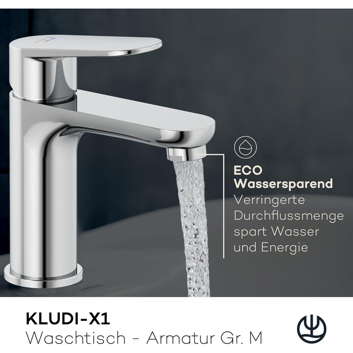 Змішувач для ванної кімнати KLUDI-X1, висота виливу 95 мм, водозберігаючий, розмір M, керамічний картридж, хром, з підключувальними шлангами