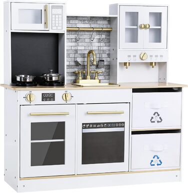 Дерев'яна дитяча кухня MAMIZO з підсвіткою та звуком, 90x30x90 см, з аксесуарами та 2 ящиками для зберігання, іграшка для дітей від 3 років, білий колір