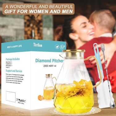Скляна карафа Yirilan 2.2 л з кришкою, 74 унції, для води, склянка, глечик для води