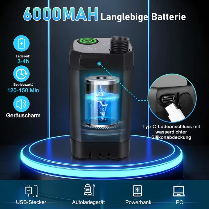 Портативна кемпінгова душа з акумулятором 6000mAh, 20L, з набором: душ, шланг 2м, для кемпінгу, відпочинку, автомийки, тварин. Чорний колір