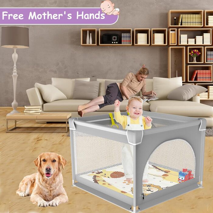 Ляльковий загін для малюків, 120x120 см з ігровим килимком, складаний, з дихаючим мережем та присосками (90x90 см з матрацом)