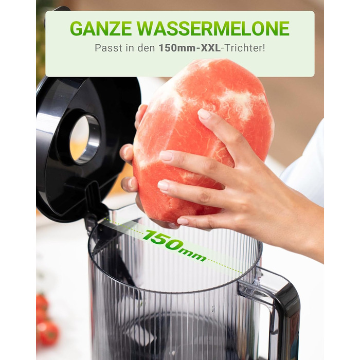 TUUMIIST Шнековий соковитискач XXL, 150 мм, 3 л, для сім'ї, 99% вижимка, BPA-free, REV Anti-Blockier System, чорний