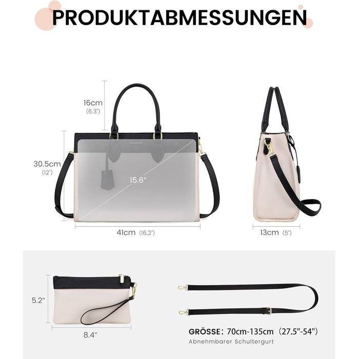 Сумка для ноутбука LOVEVOOK 15.6 дюймів, велика робоча сумка, водонепроникна сумка з PU шкіри, сумка-шоппер, акцентна сумка, сумка для навчання, сумка через плече для бізнесу, роботи, університету, школи (Бежево-чорна, M)