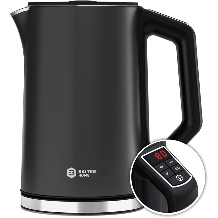 Електричний чайник BALTER з регулюванням температури, 1.5L, 2200W, білий (сірий), без BPA, подвійні стінки, бездротовий