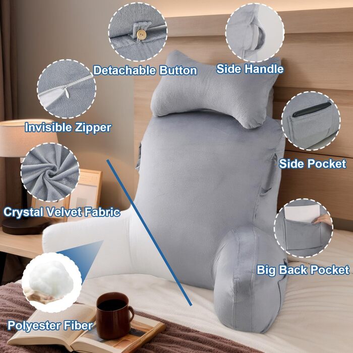 Лежак для читання в ліжко, 90 x 80 см (ДxВ) XXL подушка для спини, диван для дорослих з підлокітниками та знімною подушкою для шиї, спинка для читання з кишенею для ліжка, дивану, підлоги та стільця, світло-сірий
