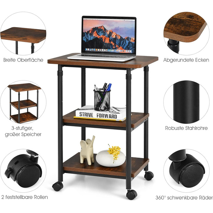 Підставка для принтера COSTWAY на колесах, регульована по висоті, 3 яруси, візок для принтера з колесами, 49x40x67-77 см (коричневий)