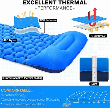 Спальний килимок, кемпінг надувний надувний матрац / відкритий спальний килимок, надлегкий вологостійкий надувний надувний матрац / водонепроникний спальний килимок, Синій надувний кемпінговий надувний матрац