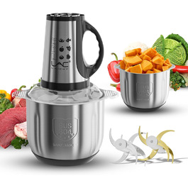 Електричний подрібнювач для кухні з 3L скляною та 3L нержавіючою чашею, 300W, 2-лезові сталеві ножі, 3 швидкості, придатний для миття в посудомийній машині, для фруктів, овочів, м'яса