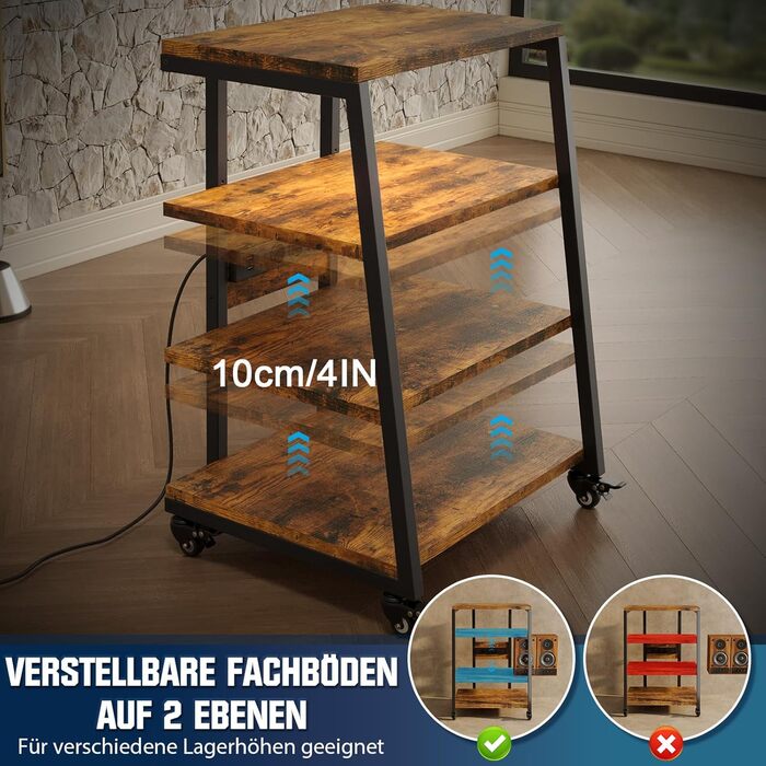 Стійка для Hi-Fi апаратури на 4 рівні з розетками, регульованими полицями, колесами та LED-підсвічуванням (керування через додаток) | 60x51x85 см | Дерев'яно-сталева стійка для програвачів, медіа-пристроїв