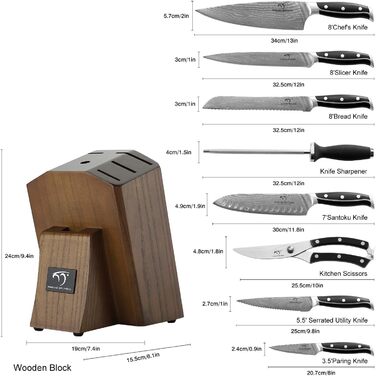 Набір кухонних ножів NANFANG BROTHERS 9 предметів з дамаської сталі та дерев'яною підставкою (сірий/коричневий)