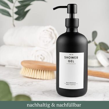 Набір дозаторів для мила MONOKO (4 шт.) чорного матового скла, 500 мл | Дозатори для шампуню, мила, кухні | Нержавіюча сталь, насосна головка | з наліпками