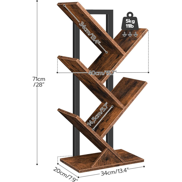 Книжкова шафа HOOBRO, 9 ярусів, форма дерева, металевий каркас, вінтажний коричневий, 34x20x116 см, темно-коричневийчорний