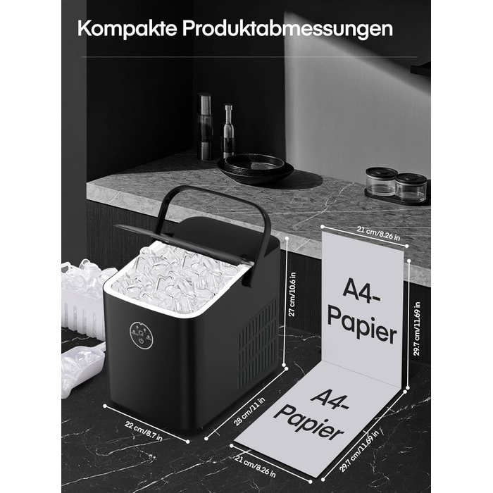 Льодогенератор Fohere 14 кг/24 год, швидке виробництво льоду (5 хв), 2 розміри кулеподібного льоду, самоочищення, з ручкою, лопаткою та кошиком для вечірок, офісу, кемпінгу - Чорний
