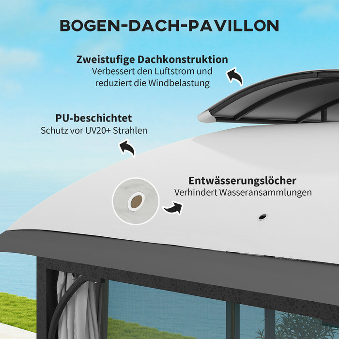 Газонний павільйон, 3,3 x 4 м, намет для саду з сітчастими шторами, двоярусна дах, обтяжка з екошкіри, металевий каркас, світло-сірий