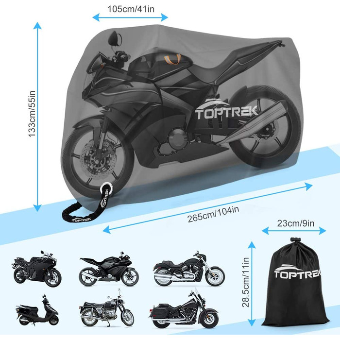 Чохол для мотоцикла Toptrek з герметизуючим клеєм брезент для мотоцикла XXXL 210D Оксфордський тканинний мотоциклетний брезент водонепроникний дихаючий відкритий гараж для мотоциклів чорний(265 * 105 * 133 см)